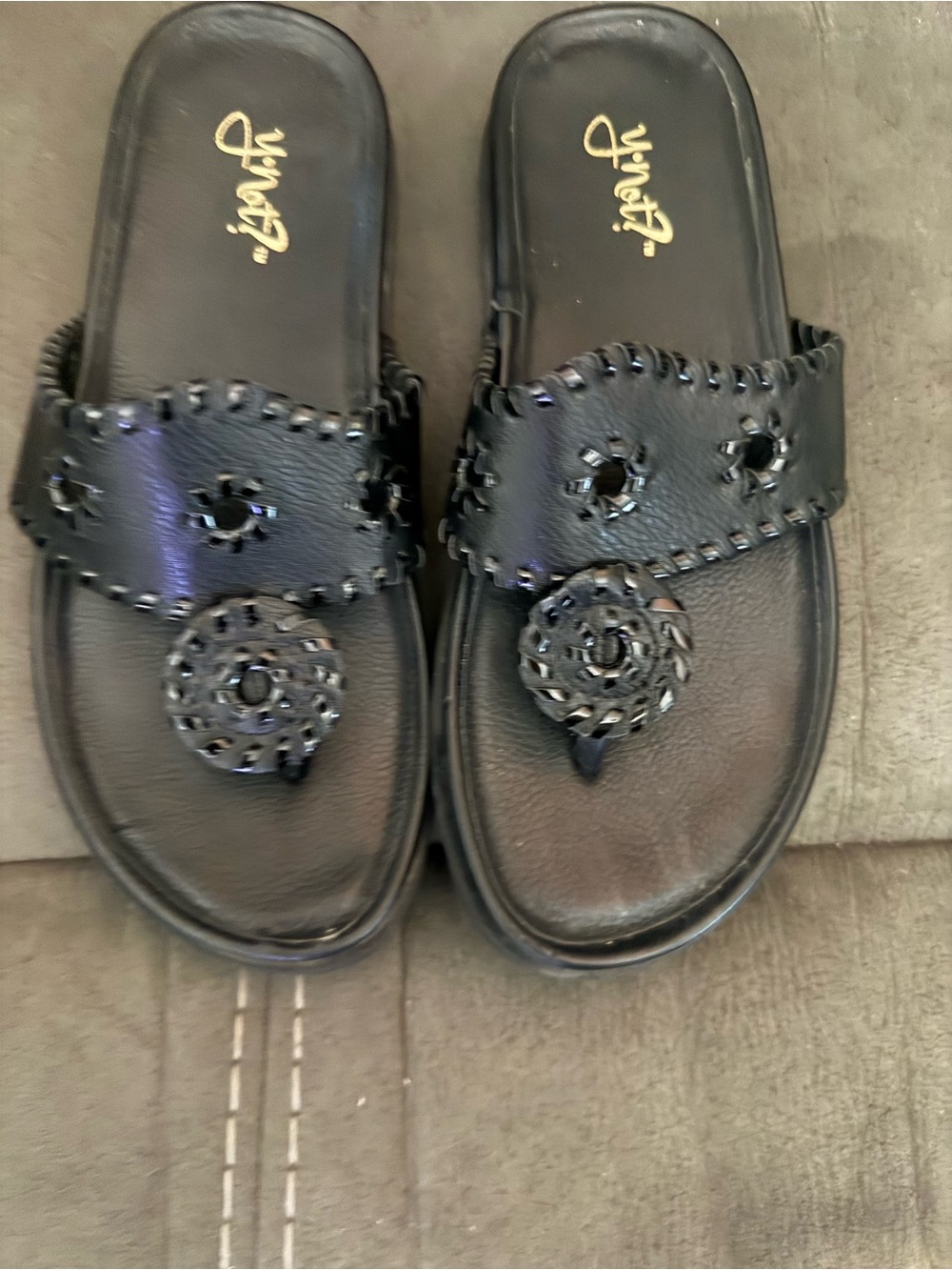 YinT Women's Black Leather Slide Sandals with Decorative Medallion